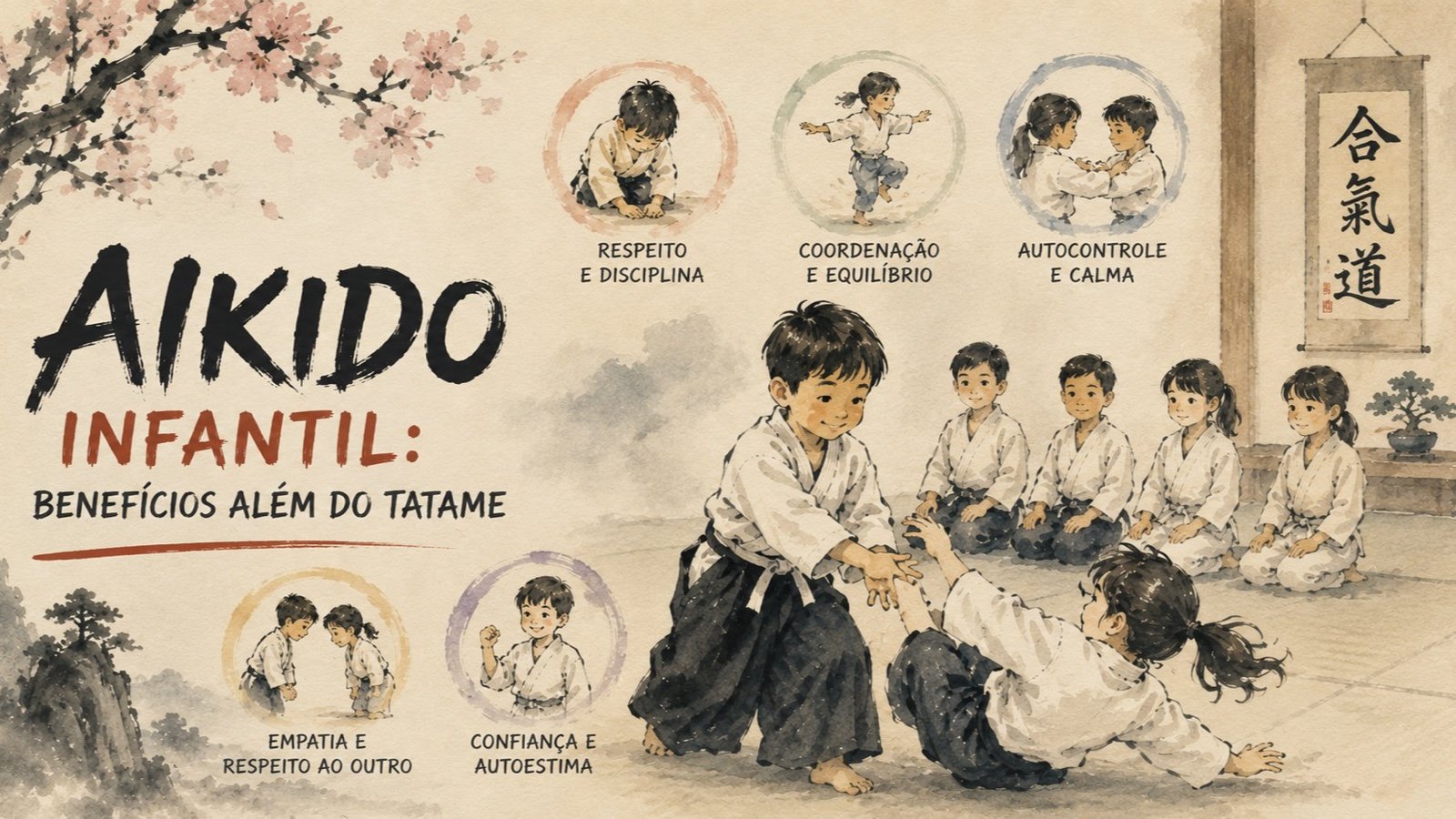 Ilustração em aquarela de crianças praticando Aikido no dojo