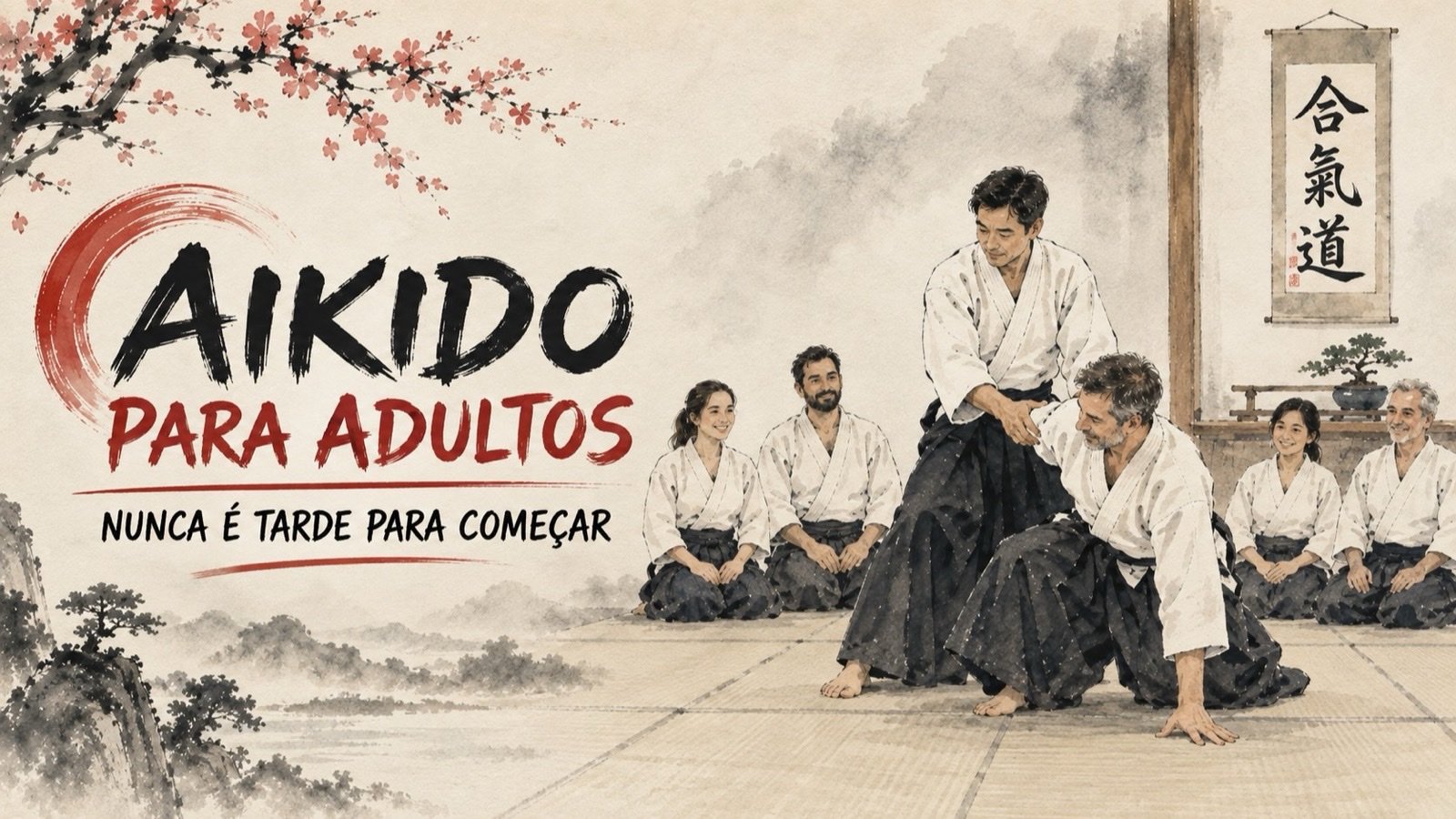 Ilustração em aquarela de adultos praticando Aikido no dojo