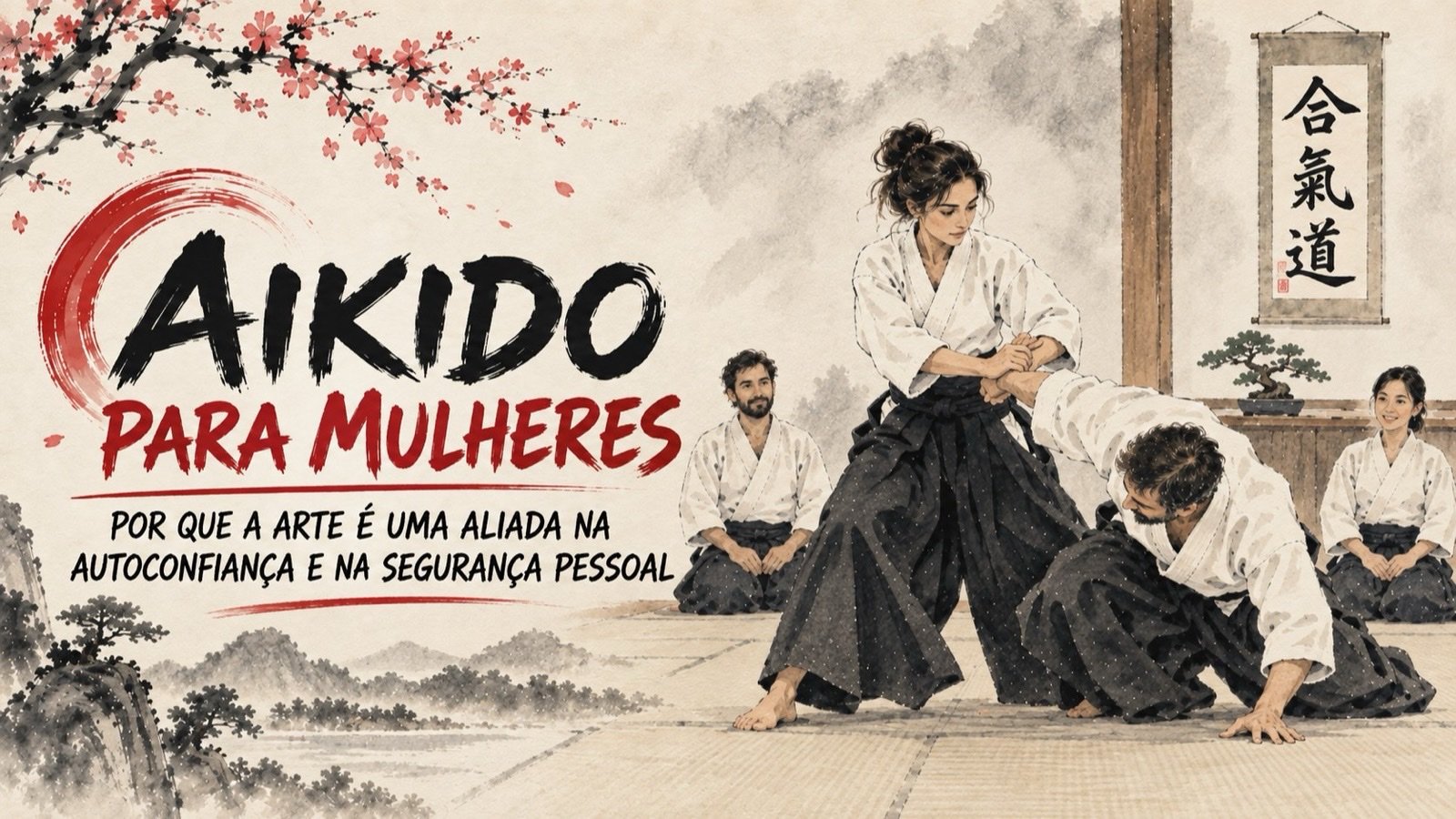 Ilustração em aquarela de uma mulher aplicando uma técnica de Aikido no dojo